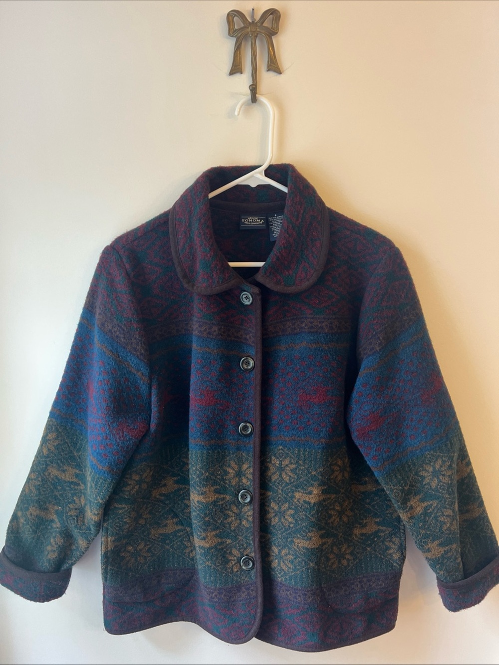 Sonoma Jean Co. Wool Blend Reindeer Christmas Snowflake Blanket Coat Jacket Sz S